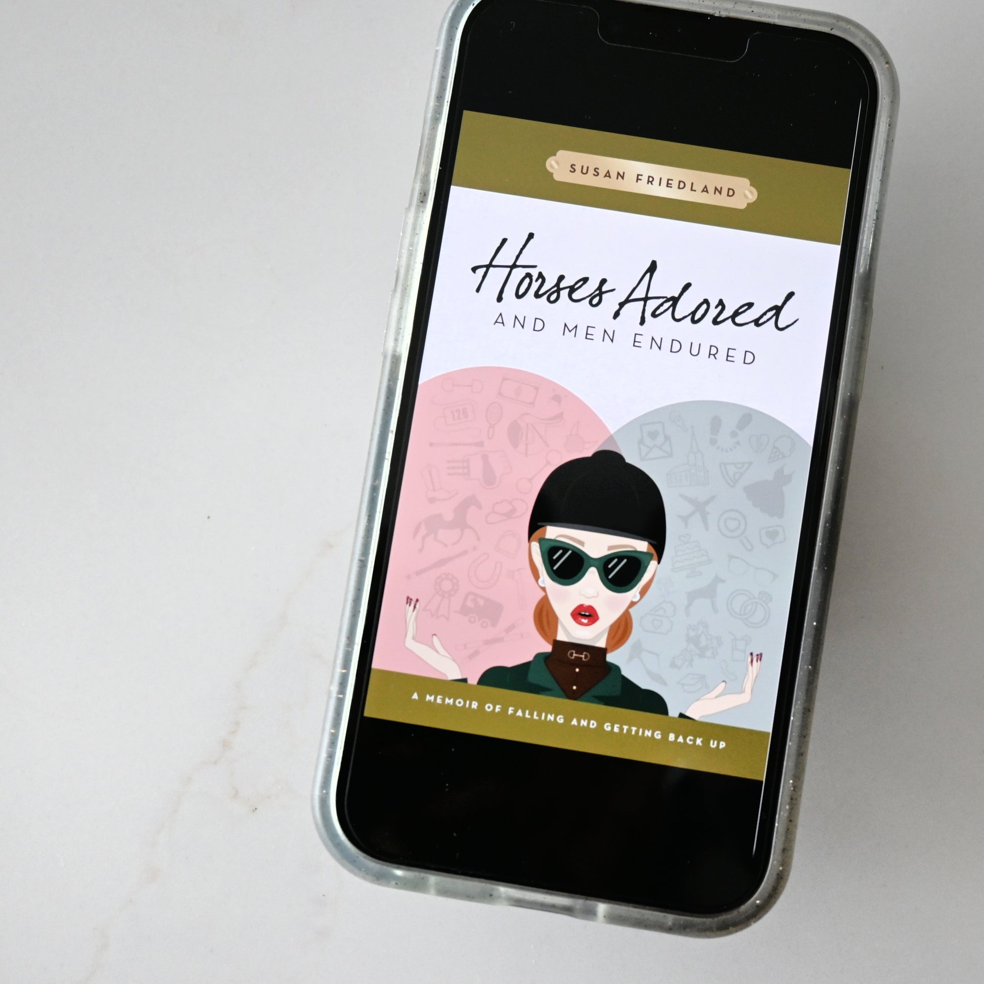 iphone displaying ebook of Horses Adored and Men Endured. equestrian memoir, horse and rider books, horse books