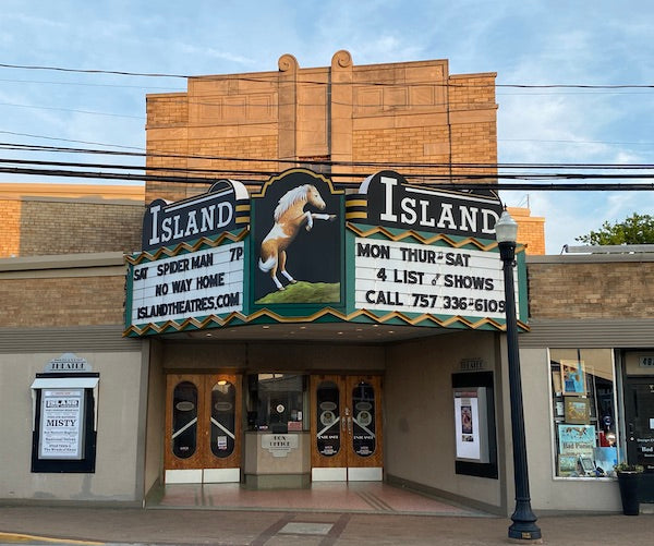 Chincoteague Island Theater with Misty pony on Marquee, Chincoteague pony, pony penning week, 