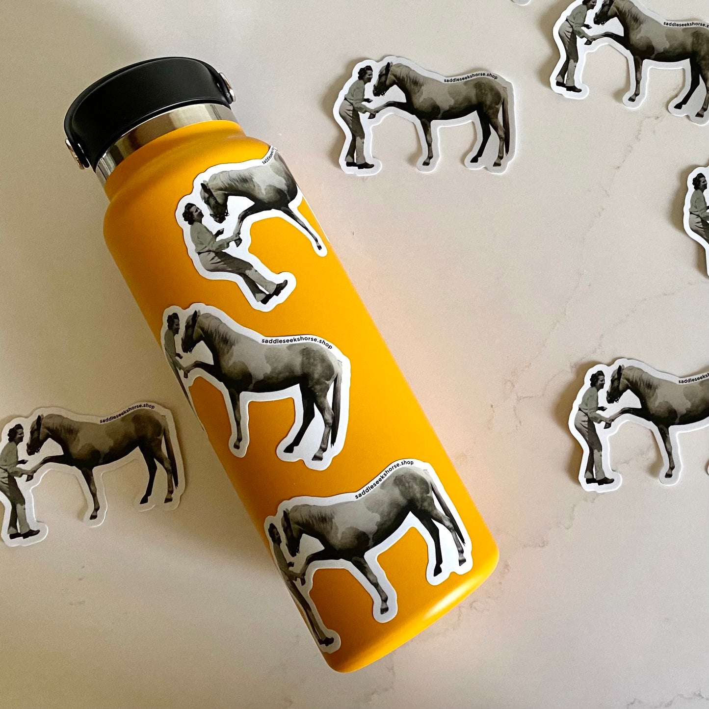yellow water bottle with black and white stickers of Marguerite Henry and MIsty of Chincoteague
