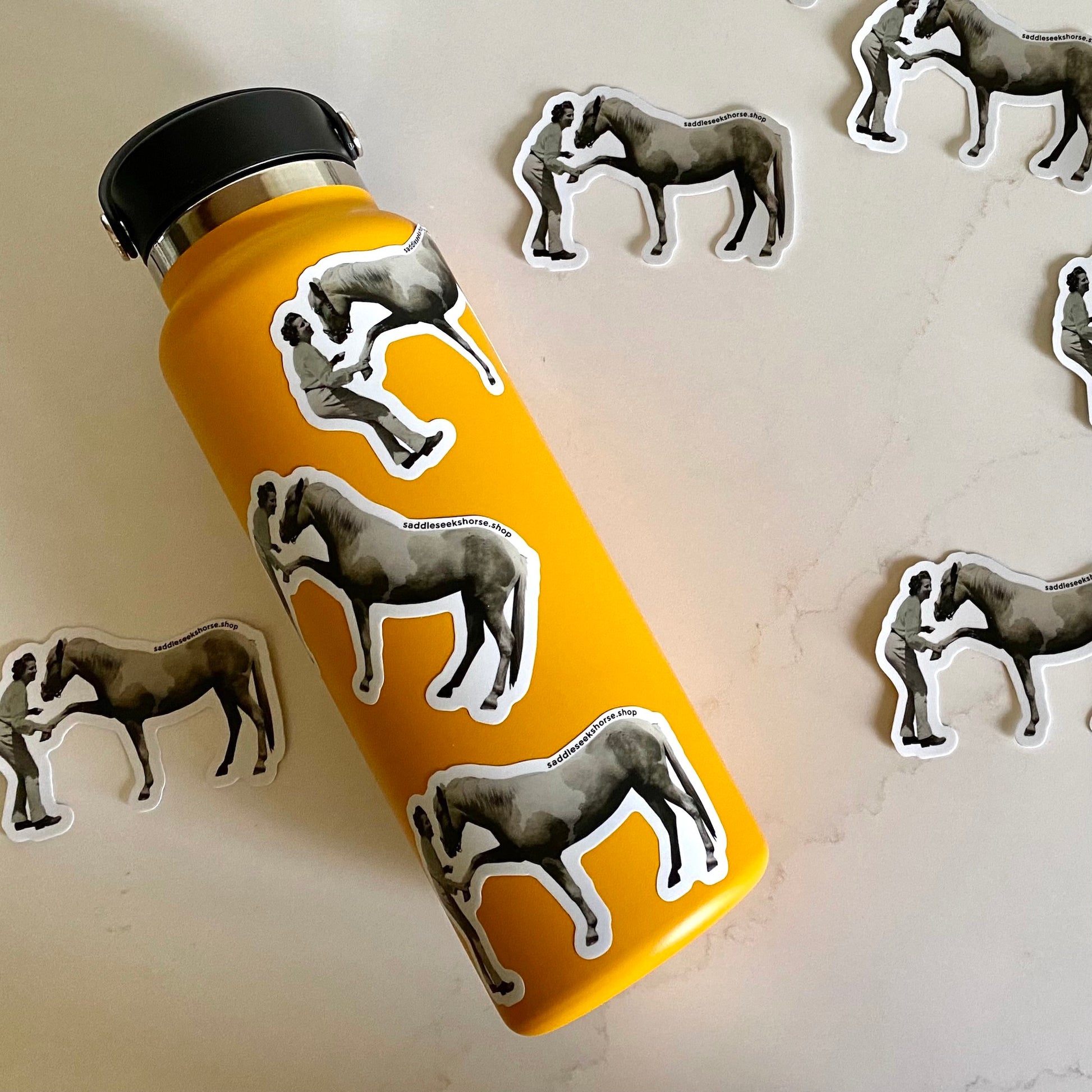 yellow water bottle with black and white stickers of Marguerite Henry and MIsty of Chincoteague