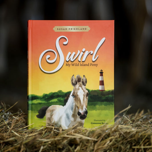 A children's book titled "Swirl: My Wild Island Pony" by Susan Friedland stands upright on a bed of straw in a dark, blurred barn-like setting. The cover shows a white and brown horse, green fields, and a lighthouse on a warm orange-to-yellow gradient background.